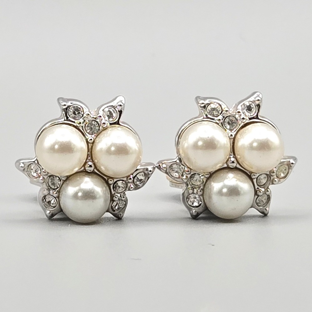Swarovski Clip On Earrings Silver Tone Faux‎ Pearl Crystal Cluster Vintage Swan